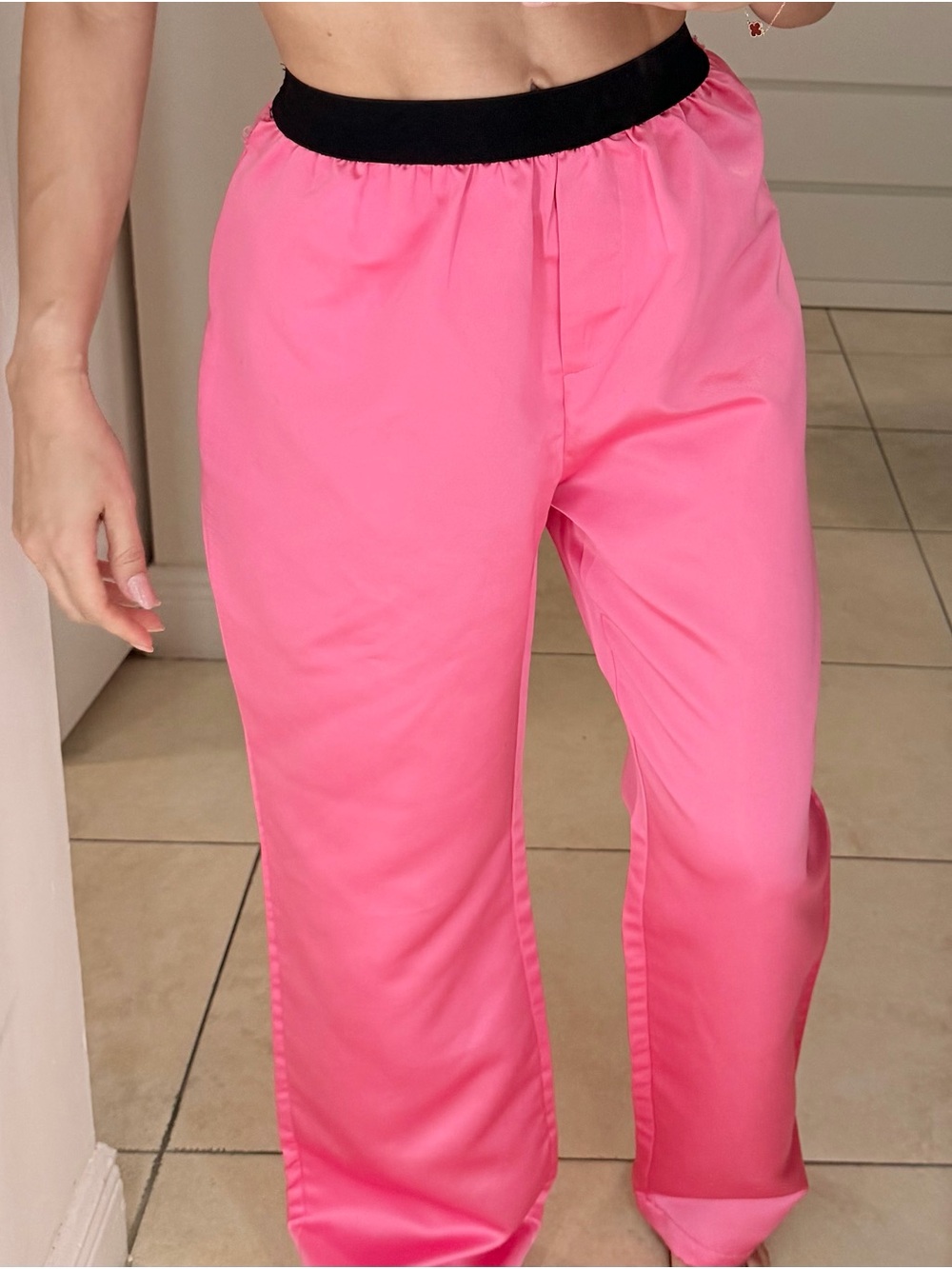 PrettyLittleThing Hot Pink Wide Leg Pants with Black Waistband